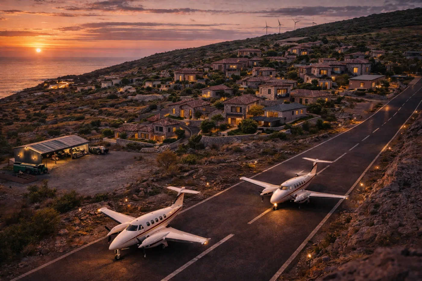 VEVA private airstrip with aircraft at sunset, Mediterranean settlement visible on hillside