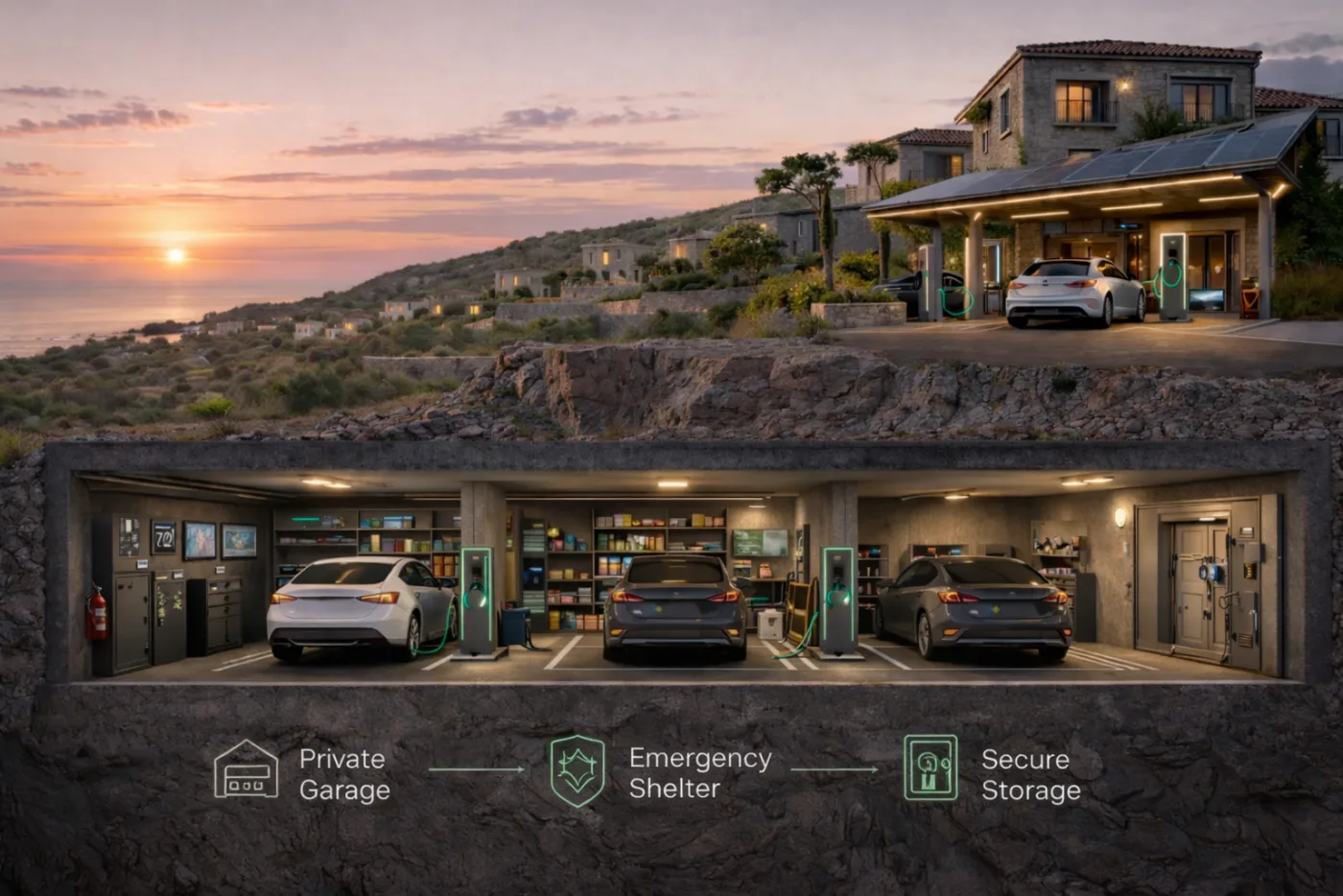 VEVA subsurface infrastructure — private garages, emergency shelter, and EV charging underground